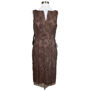 JS Collections Glitter Lace Tulle Midi Sheath Cocktail Dress Mink Brown Size 10